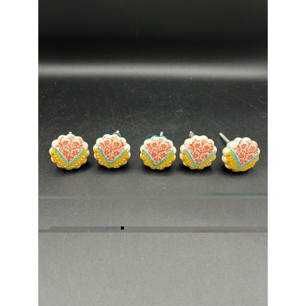 Lot Of 5 Scalloped Hand Painted Colorful Ceramic Cabinet Knobs Pulls Floral